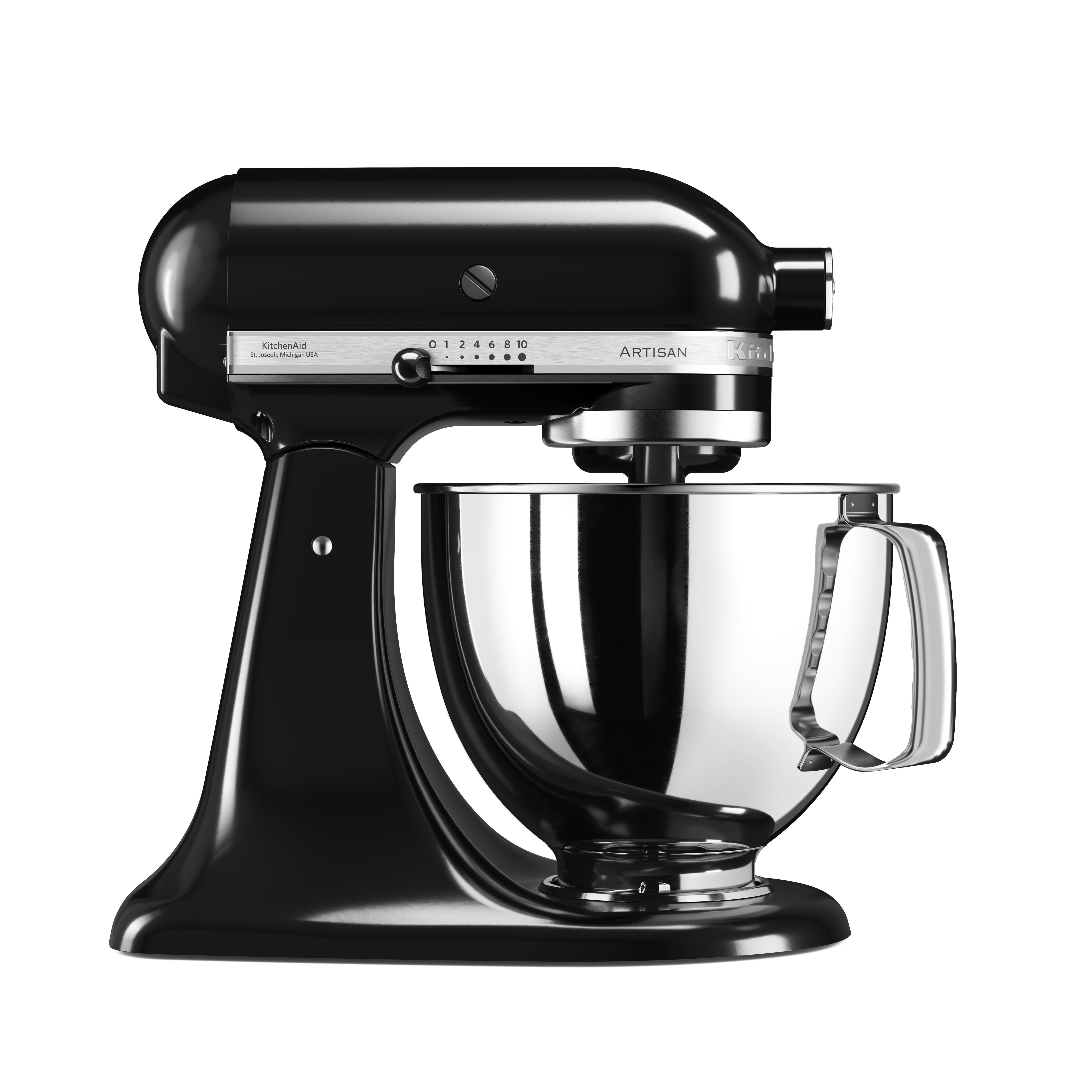Schwarzer KitchenAid Artisan Standmixer, glänzende Chromschüssel, weißer Hintergrund, Seitenansicht.