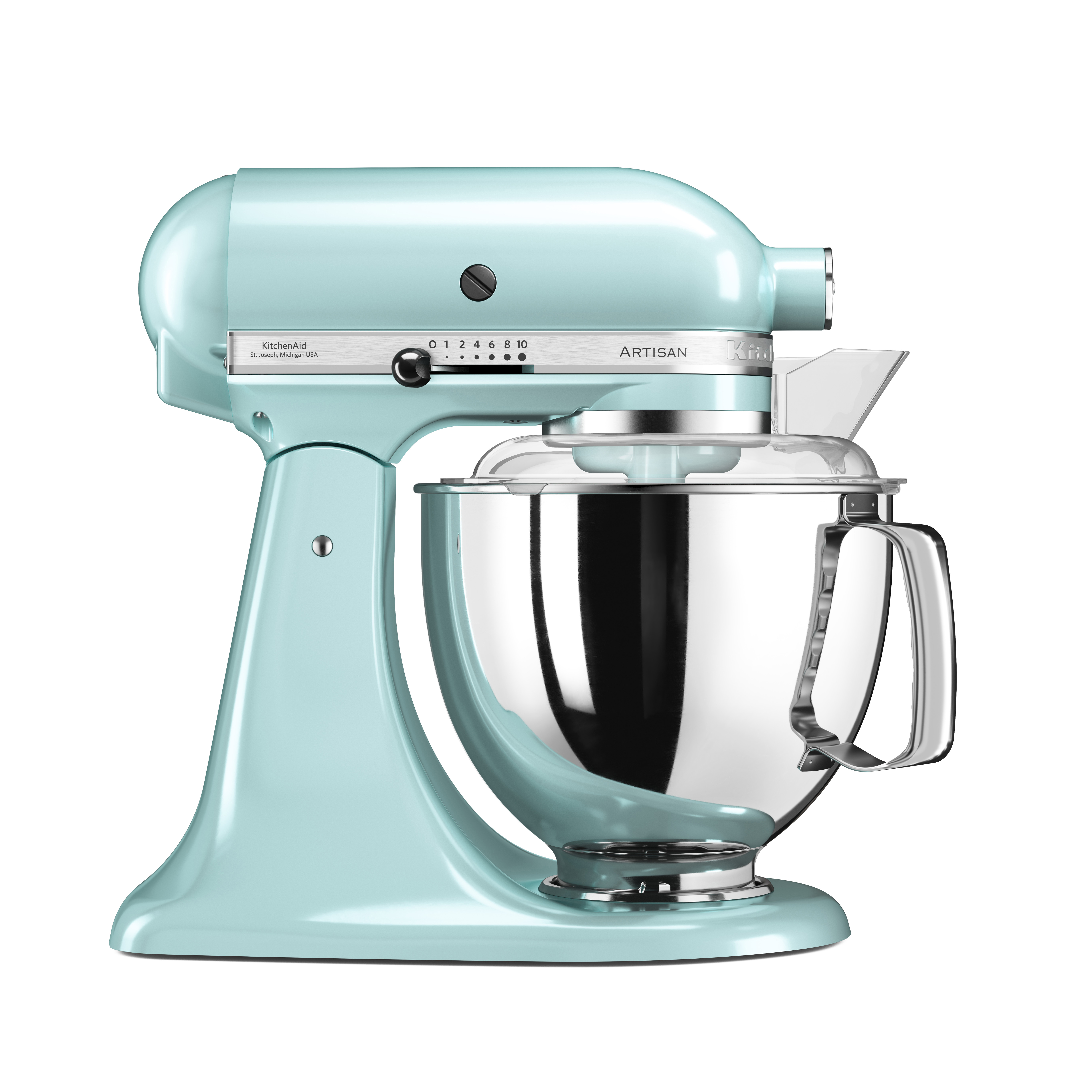 Minzfarbener KitchenAid-Küchenmixer mit einer Edelstahlschüssel. Er steht auf weißem Hintergrund.