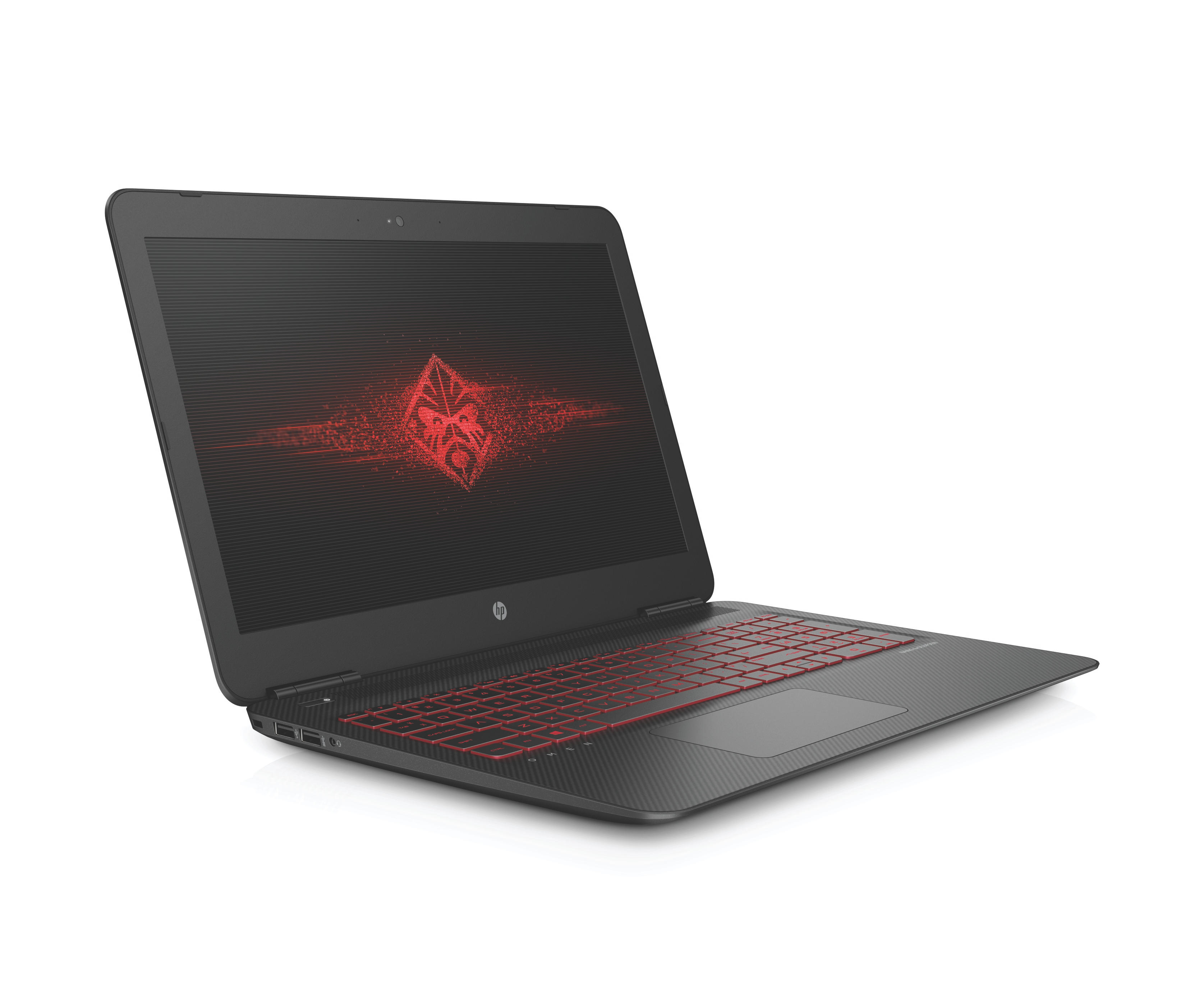 Schwarzer HP Omen Laptop, geöffnet. Rote Tastaturbeleuchtung, Logo auf dem Bildschirm. Vor weißem Hintergrund.