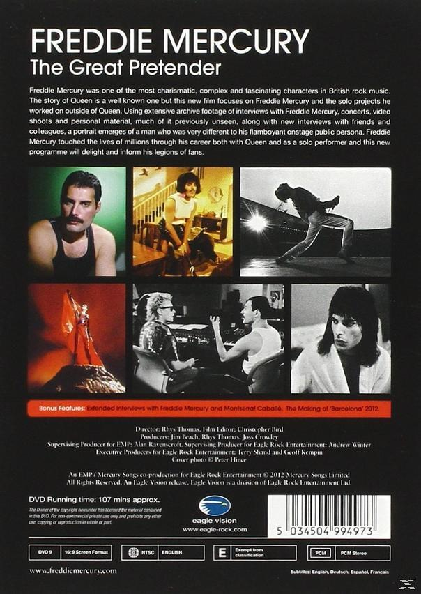 Rückseite der DVD-Hülle 'Freddie Mercury: The Great Pretender', mit Bildern und Text.