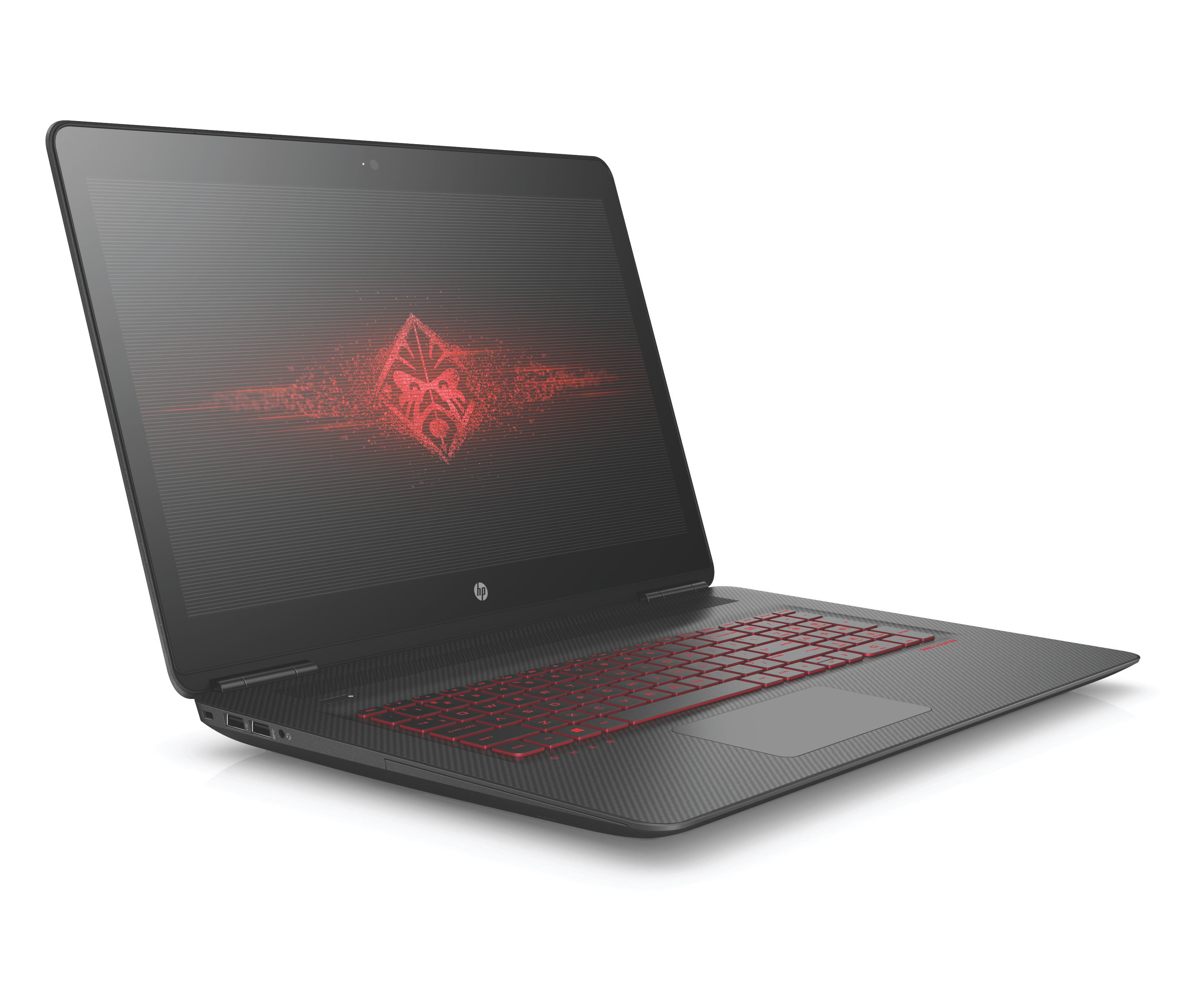 Schwarzer HP Omen Laptop, geöffnet. Rote Tastaturbeleuchtung, Logo auf dem Bildschirm. Vor weißem Hintergrund.