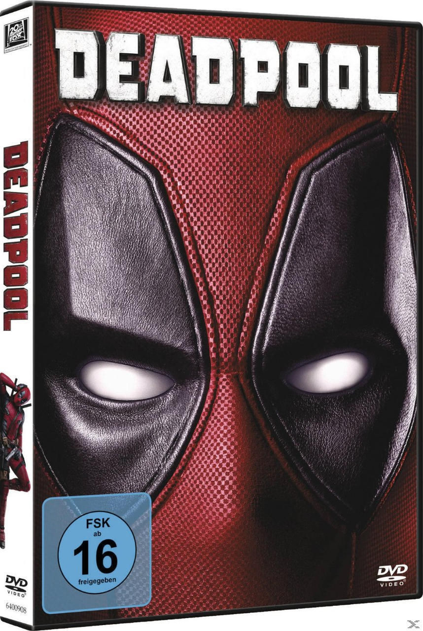 DVD-Hülle des Deadpool-Films. Hauptbild ist die Deadpool-Maske. Roter Hintergrund.