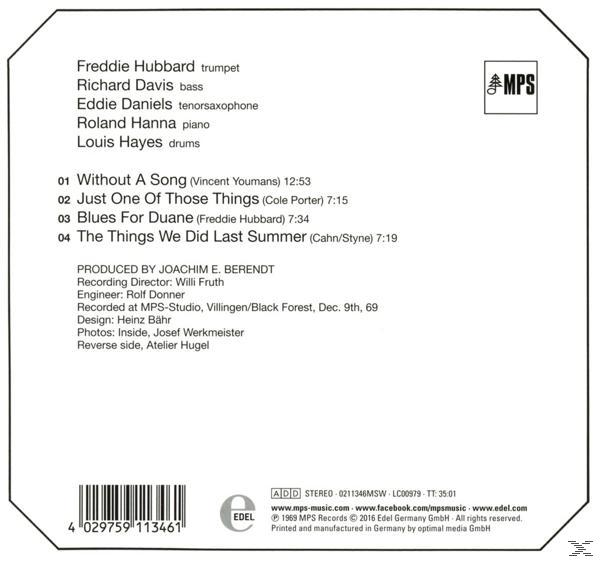 CD-Rückseite mit Songdetails, Künstlernamen und Urheberrechtsinformationen. Enthält ein Logo.