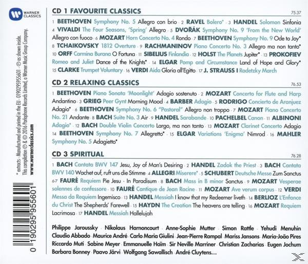 CD-Cover mit Titelliste klassischer Musik, mit dem Warner Classics-Logo.