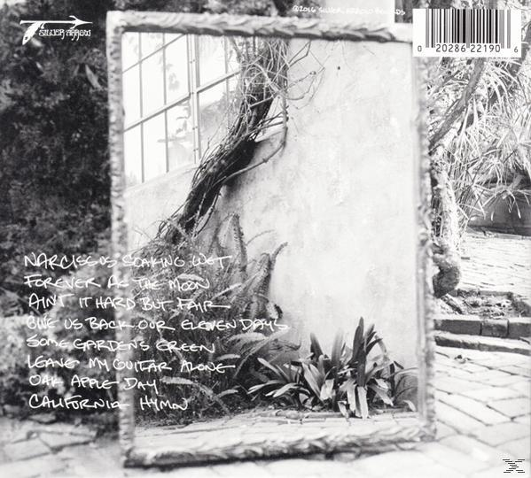 Albumcover mit Text und Spiegel. Der Spiegel reflektiert Pflanzen. Schwarz-Weiß-Bild.