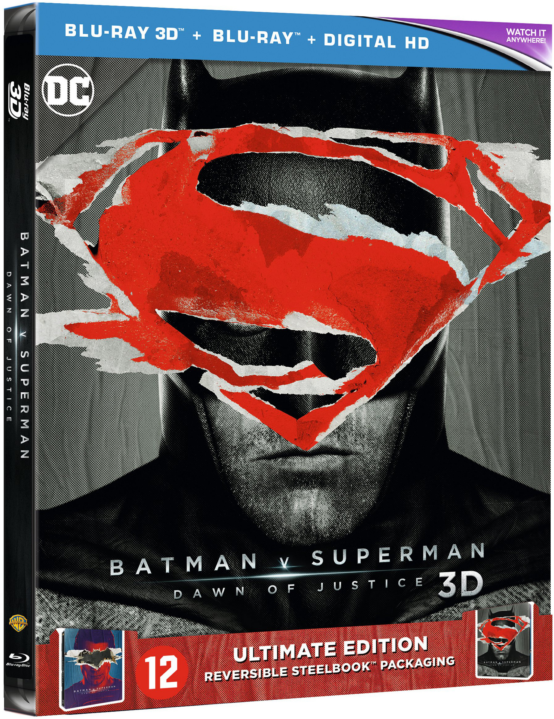 Pochette Blu-ray 3D de Batman v Superman Dawn of Justice. Batman et Superman sont présents.
