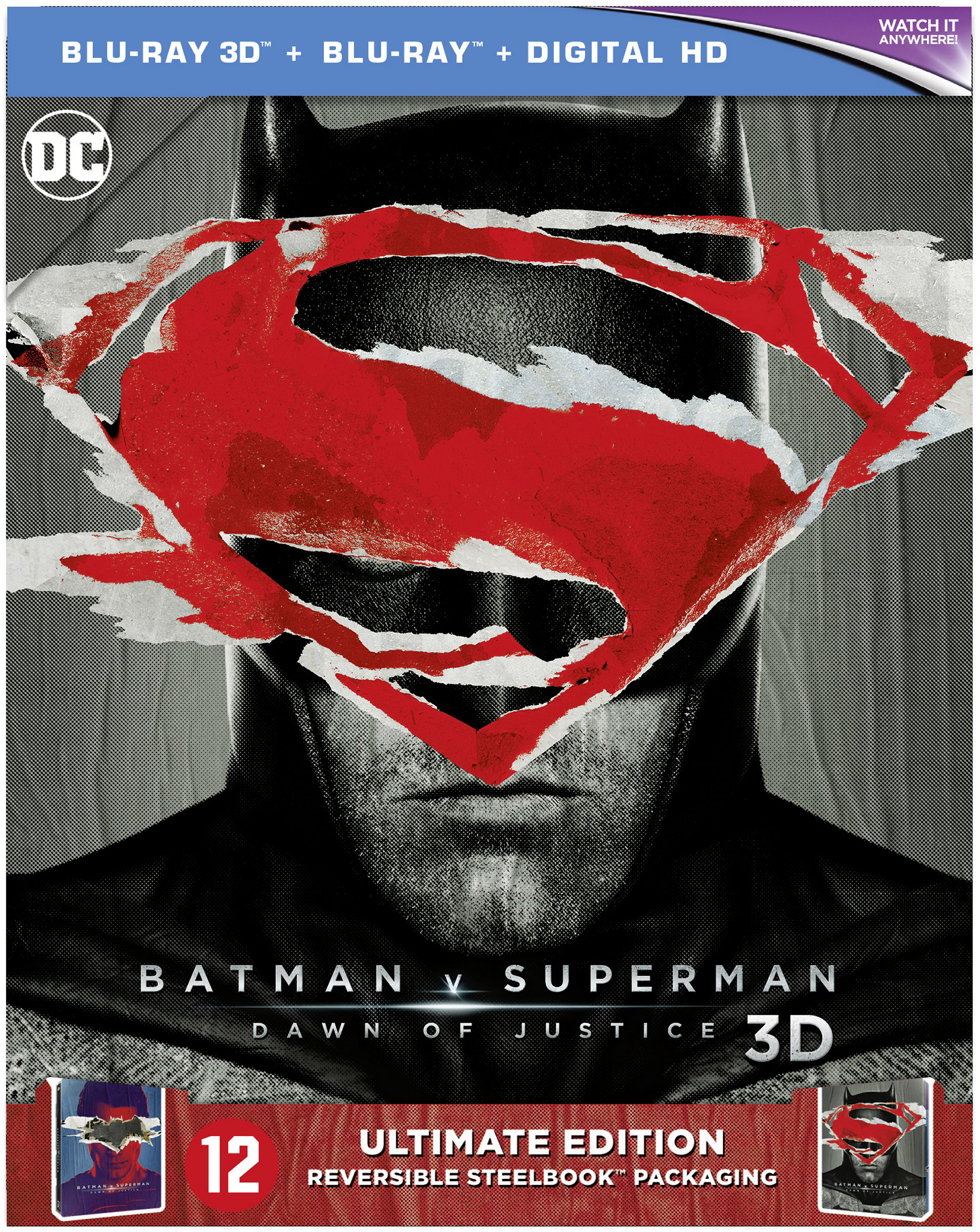 Couverture Blu-ray de Batman v Superman avec Batman et le logo de Superman superposés.