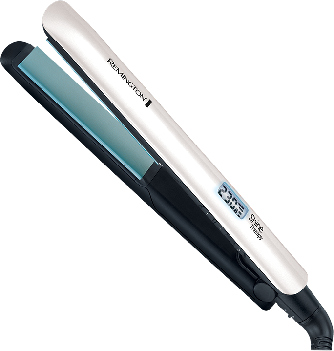 Egy fehér-fekete Remington hajvasaló digitális kijelzővel és 5 éves garanciapecséttel.