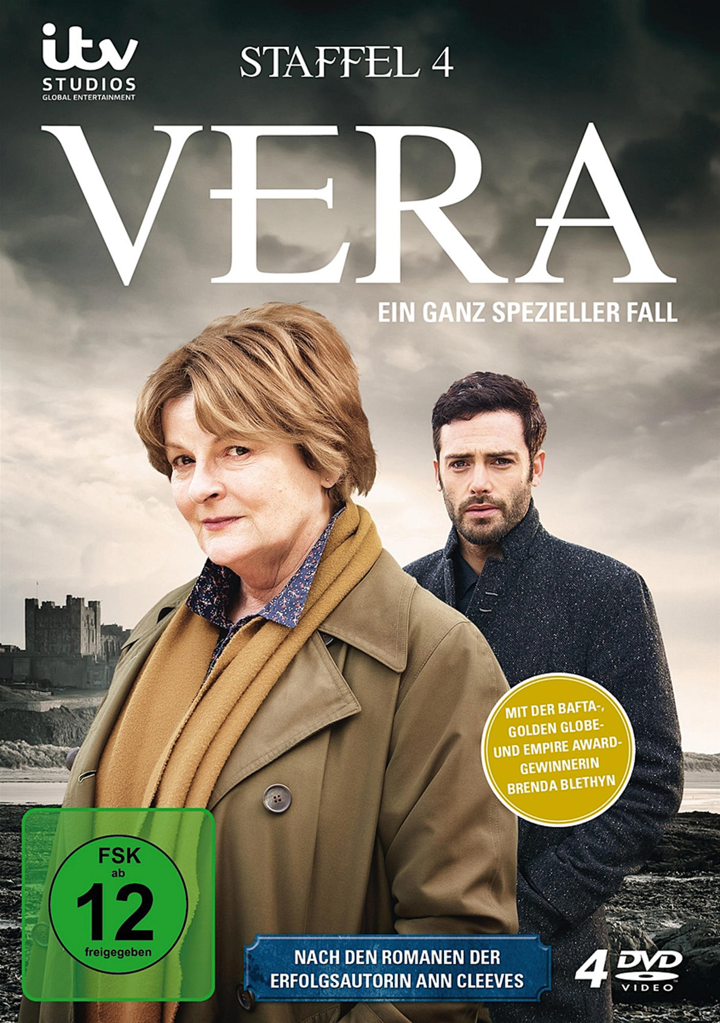 DVD-Cover: eine Frau mit einem Mann im Hintergrund, Text über eine Krimiserie.