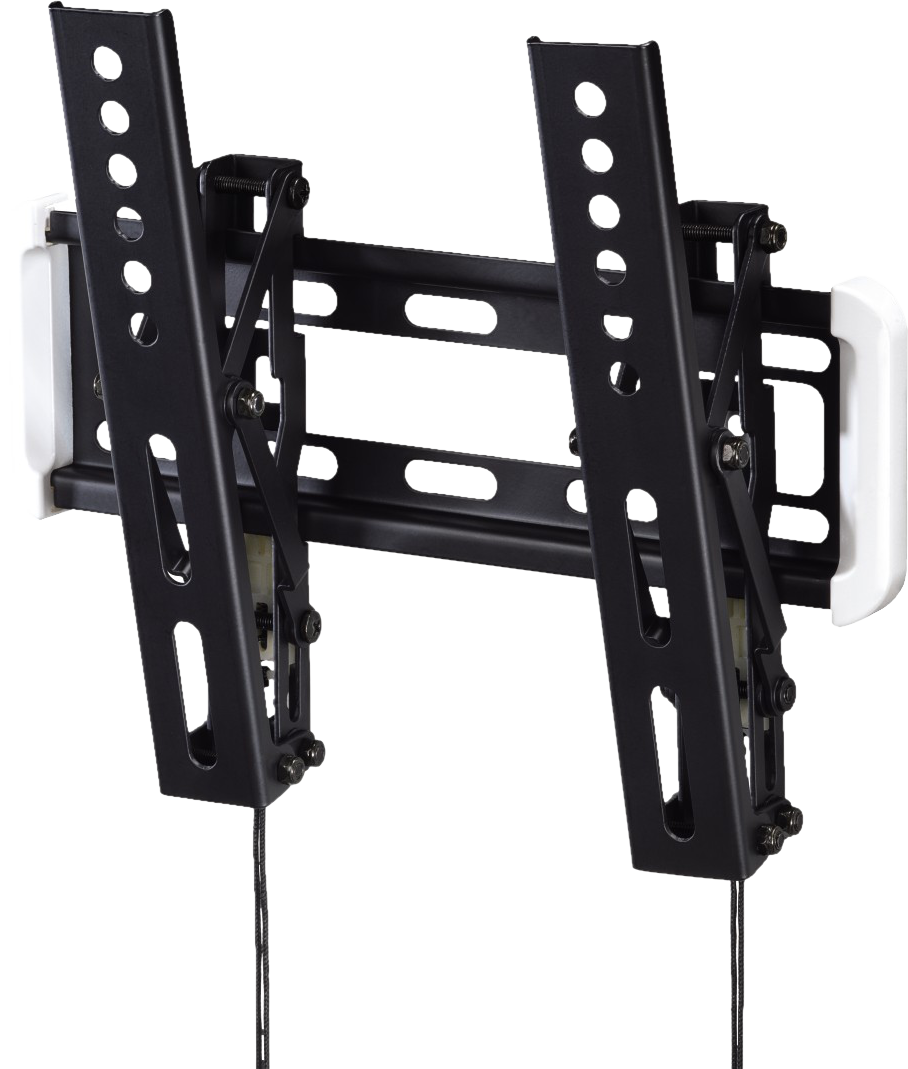 Fekete-fehér TV-tartó két fehér fogantyúval az oldalán, fekete háttérrel.