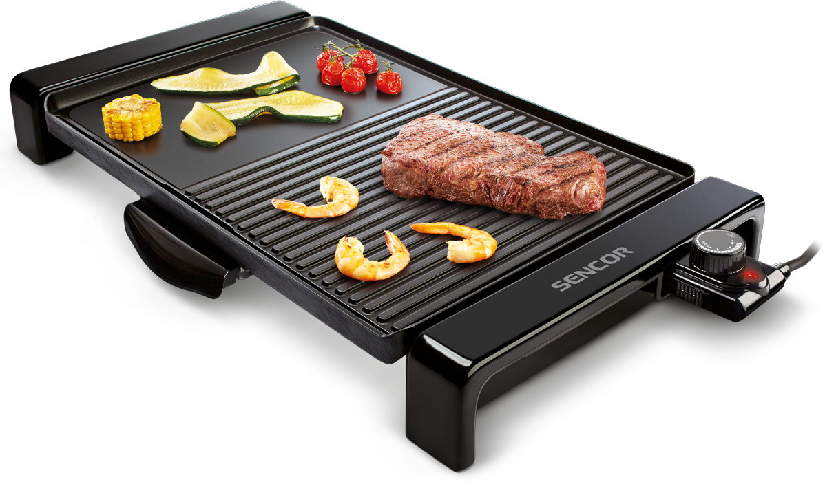 Fekete elektromos grill ételekkel: steak, garnélarák, zöldségek. SENCOR márka.