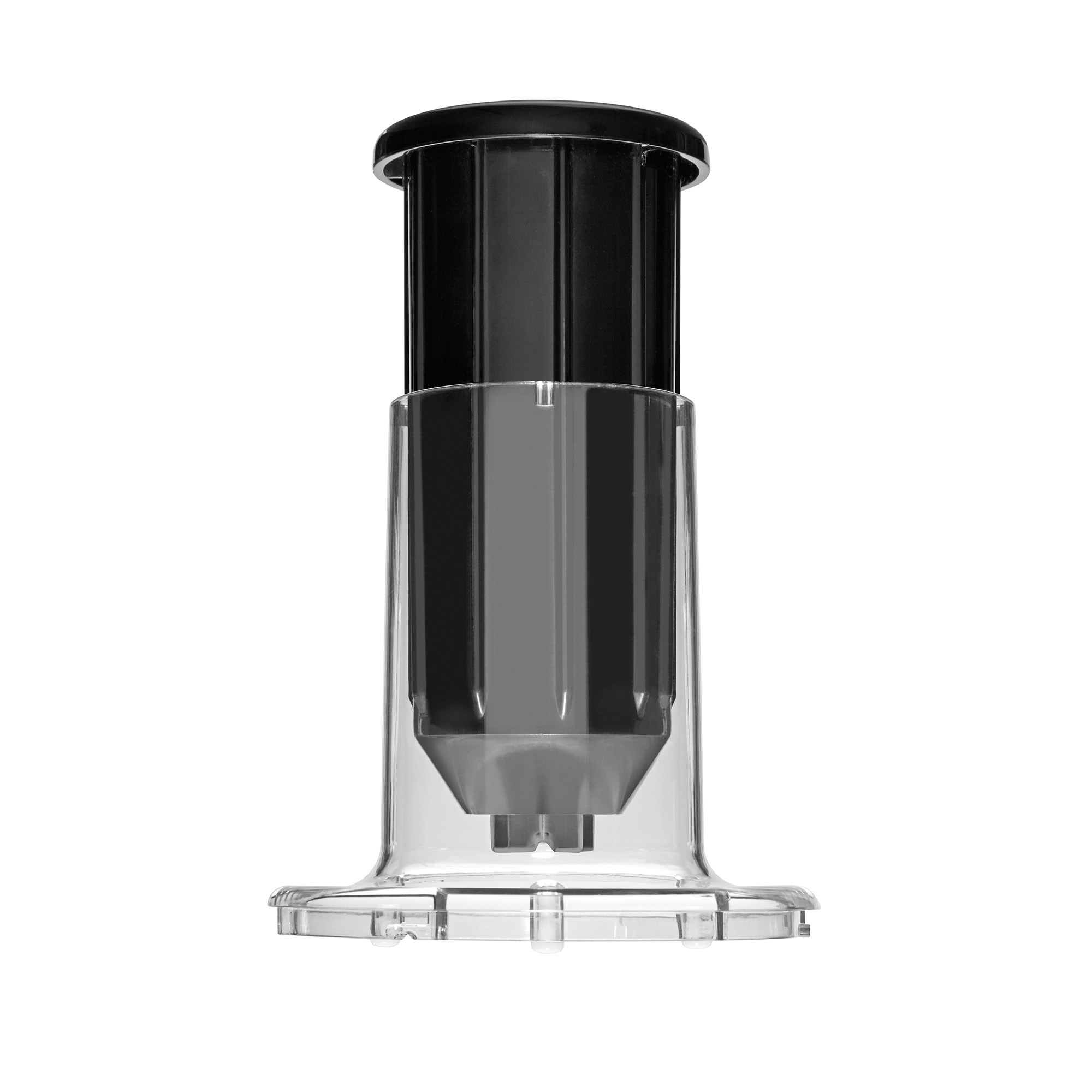 Dispositivo in plastica trasparente con parti interne nere e grigie.