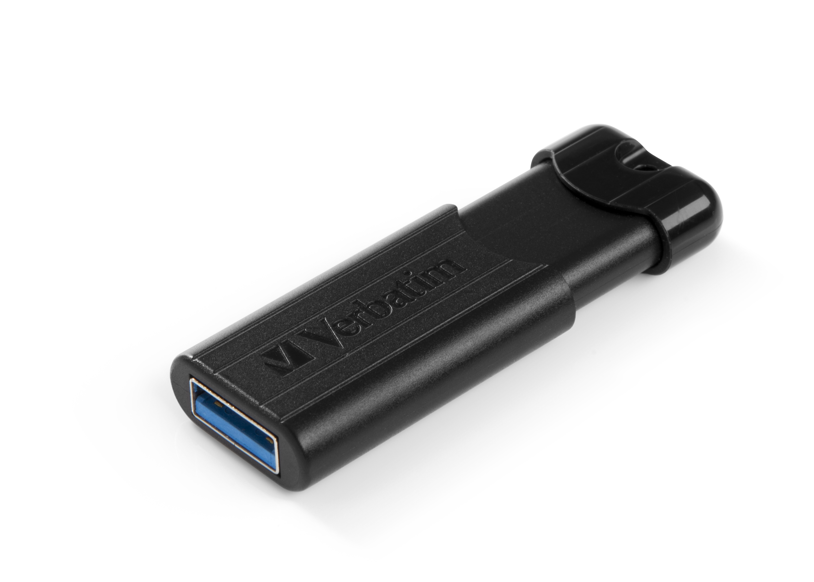 Schwarzer Verbatim USB-Stick. Der Stick hat einen blauen USB-Anschluss und das Verbatim-Logo.