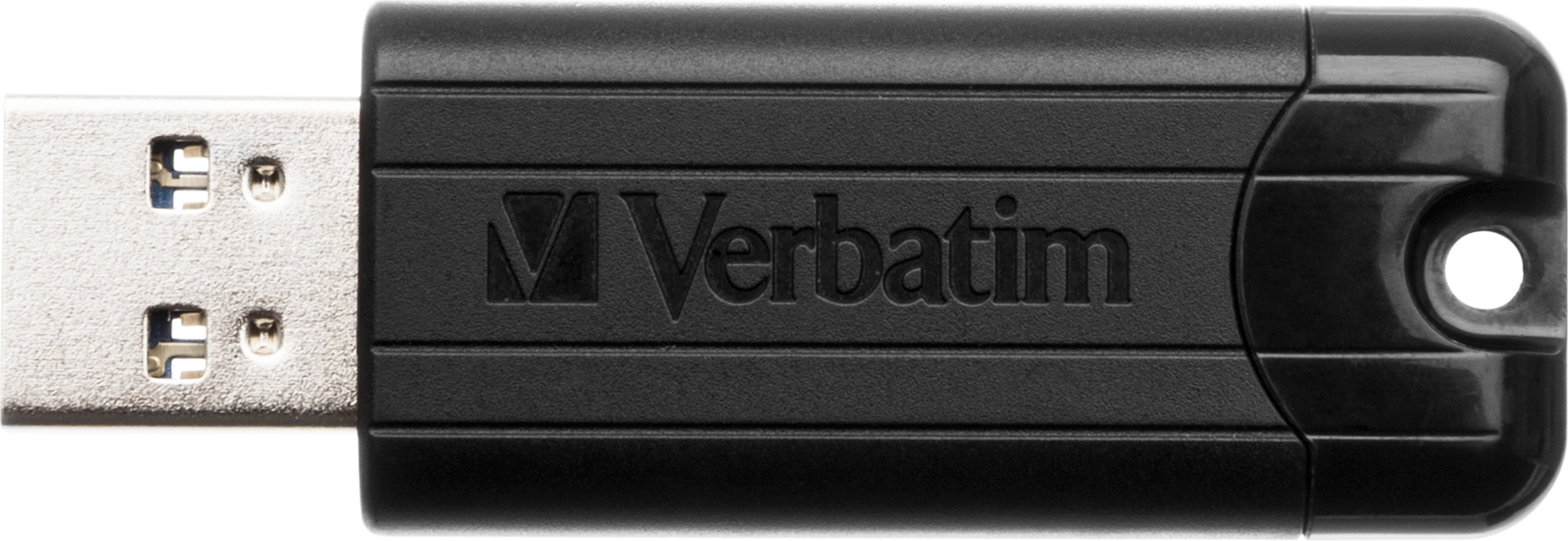 Schwarzer USB-Stick mit 'Verbatim' aufgedruckt. Weißer Hintergrund, klares und einfaches Design.