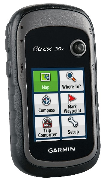 Un dispositivo GPS Garmin portátil con una pantalla que muestra mapas e iconos de funciones. Exterior negro y gris.