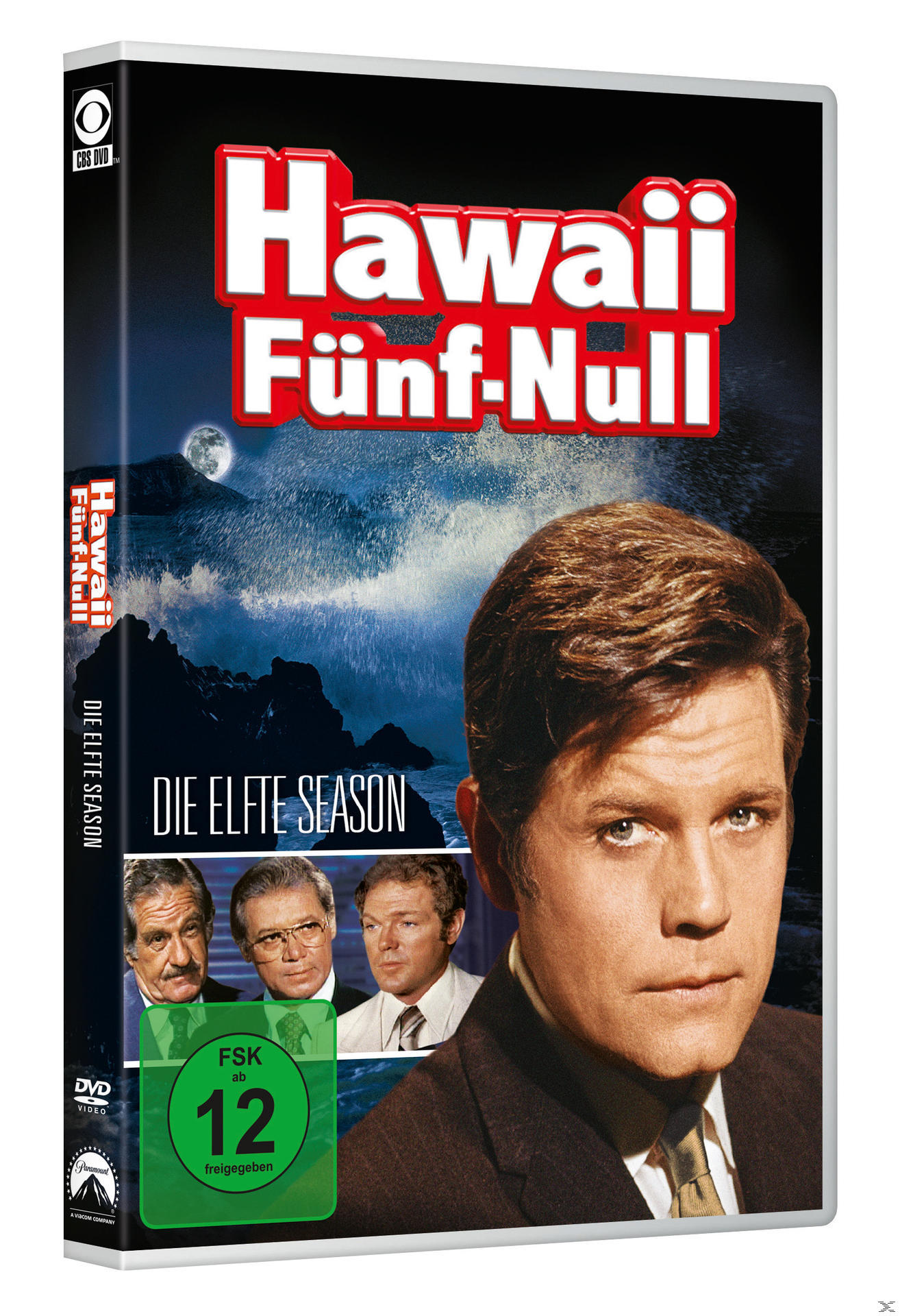 DVD-Cover: Hawaii Five-0. Porträt eines Mannes, Wellen und die Besetzung der Show.