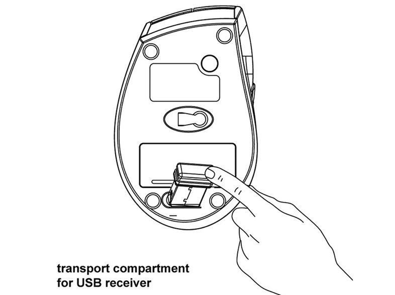 Illustration eines Computer-Maus-Sockels. Hand, die einen USB-Empfänger in den Steckplatz einführt.