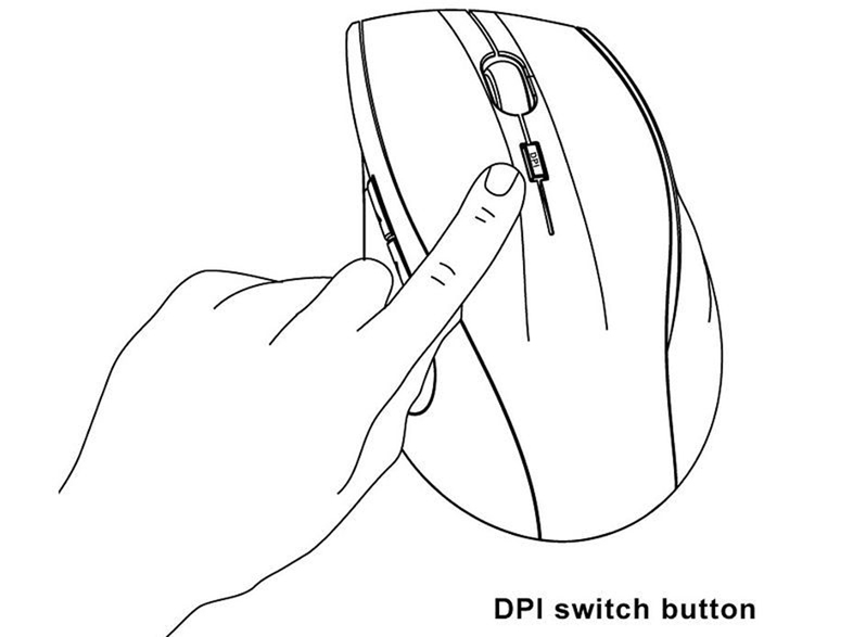 Hand zeigt auf Computermaus. Zeigt die DPI-Schaltertaste.