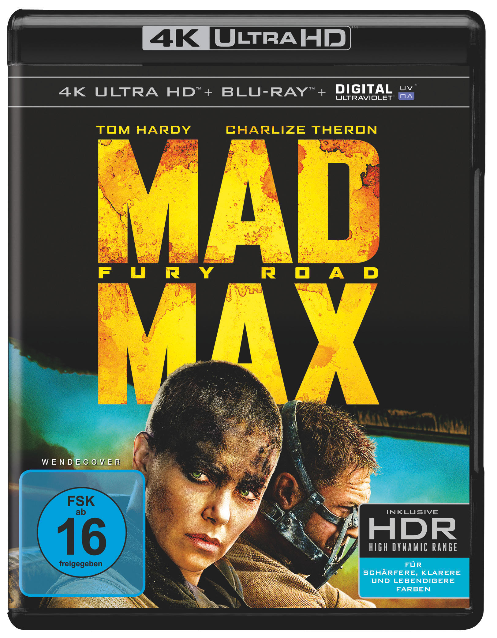 Mad Max: Fury Road 4K Blu-ray Cover. Tom Hardy und Charlize Theron sind abgebildet. Schwarzes Cover.