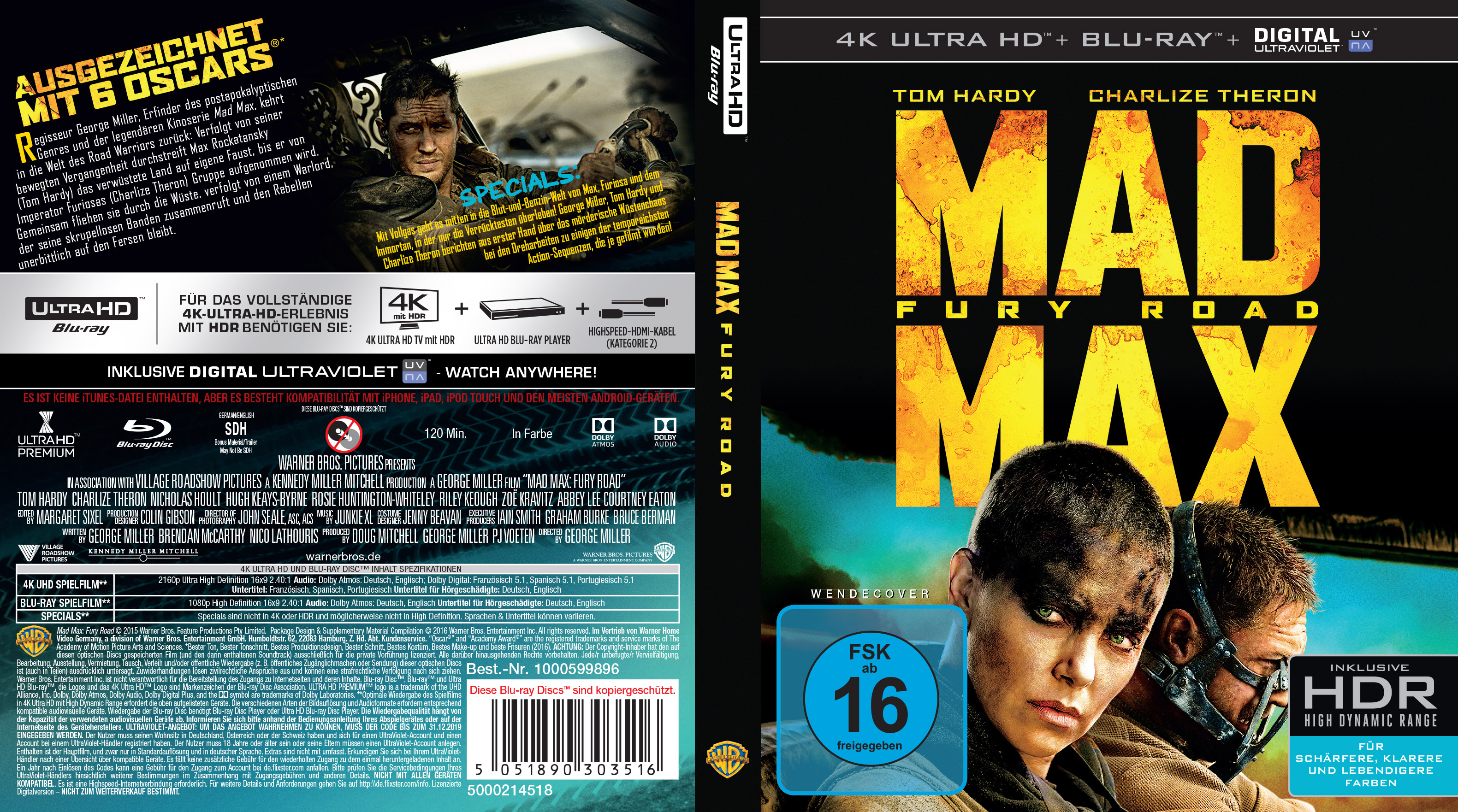 Mad Max: Fury Road Blu-ray-Cover mit Tom Hardy und Charlize Theron.