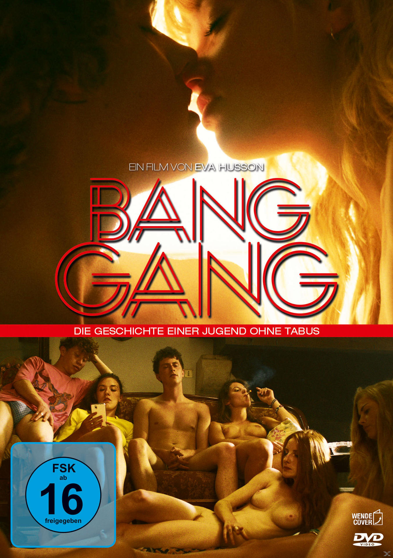 Filmposter: Ein küssendes Paar, Text 'BANG GANG' in Rot. Gruppe nackter Menschen unten.
