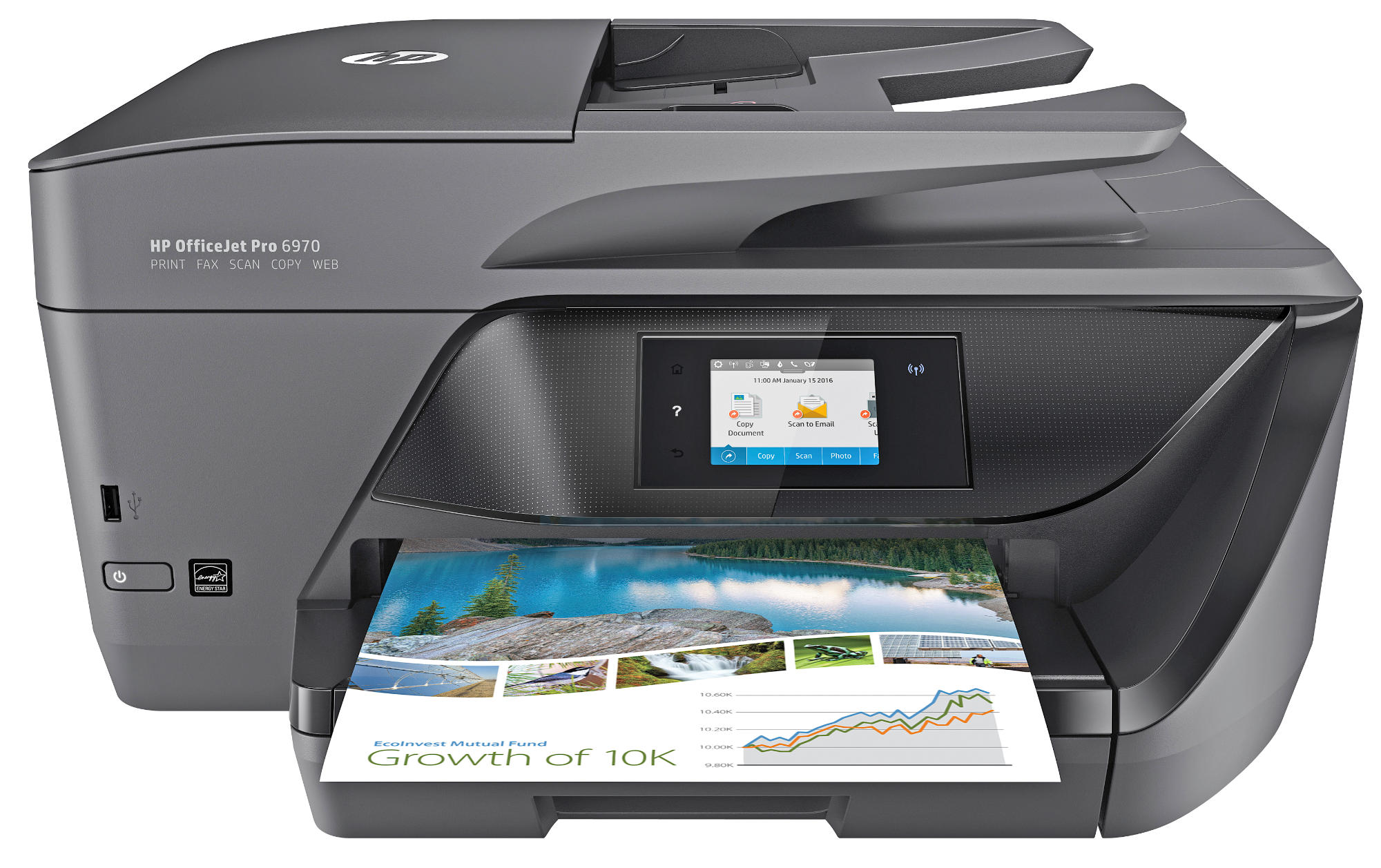 Impresora HP OfficeJet Pro 6970, gris, con un documento y un gráfico en su pantalla.