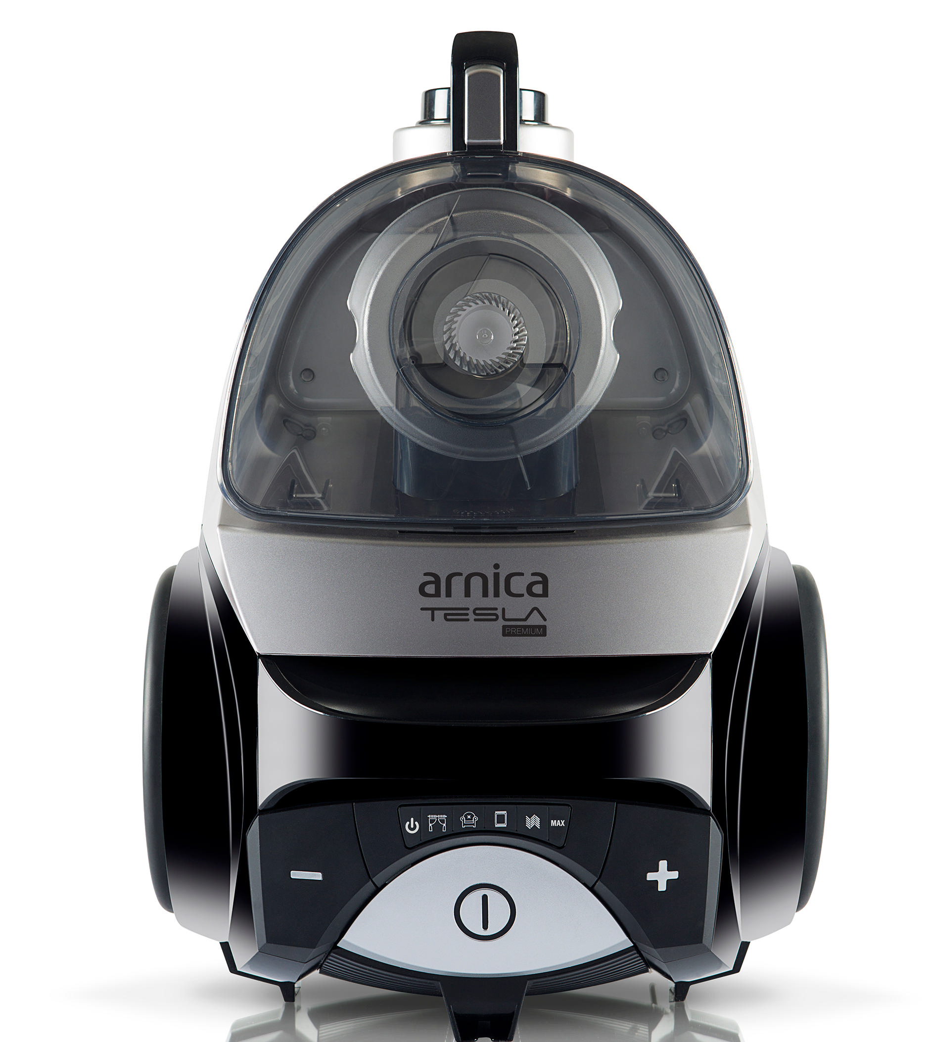 Siyah ve gümüş renkli elektrik süpürgesi. Önünde düğmeler ve 'arnica TESLA premium' markası var.
