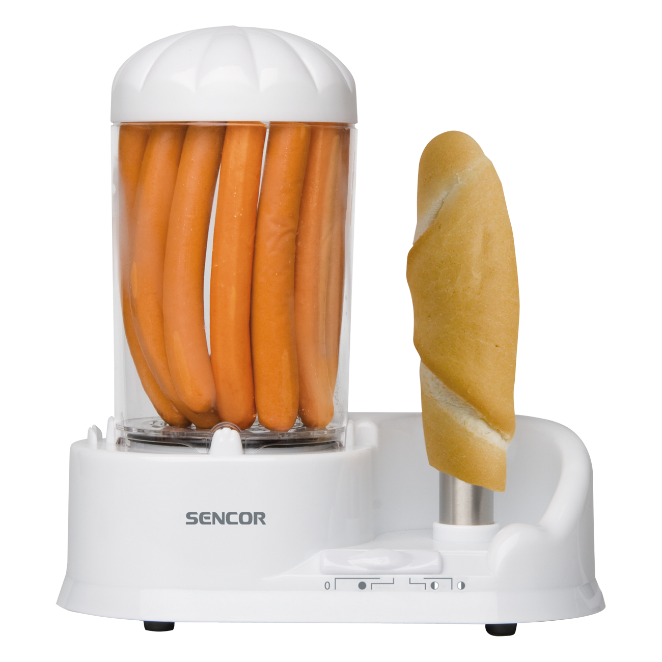 Fehér hot dog gőzölő, benne hot dogokkal és egy bagettel, fekete háttér előtt.