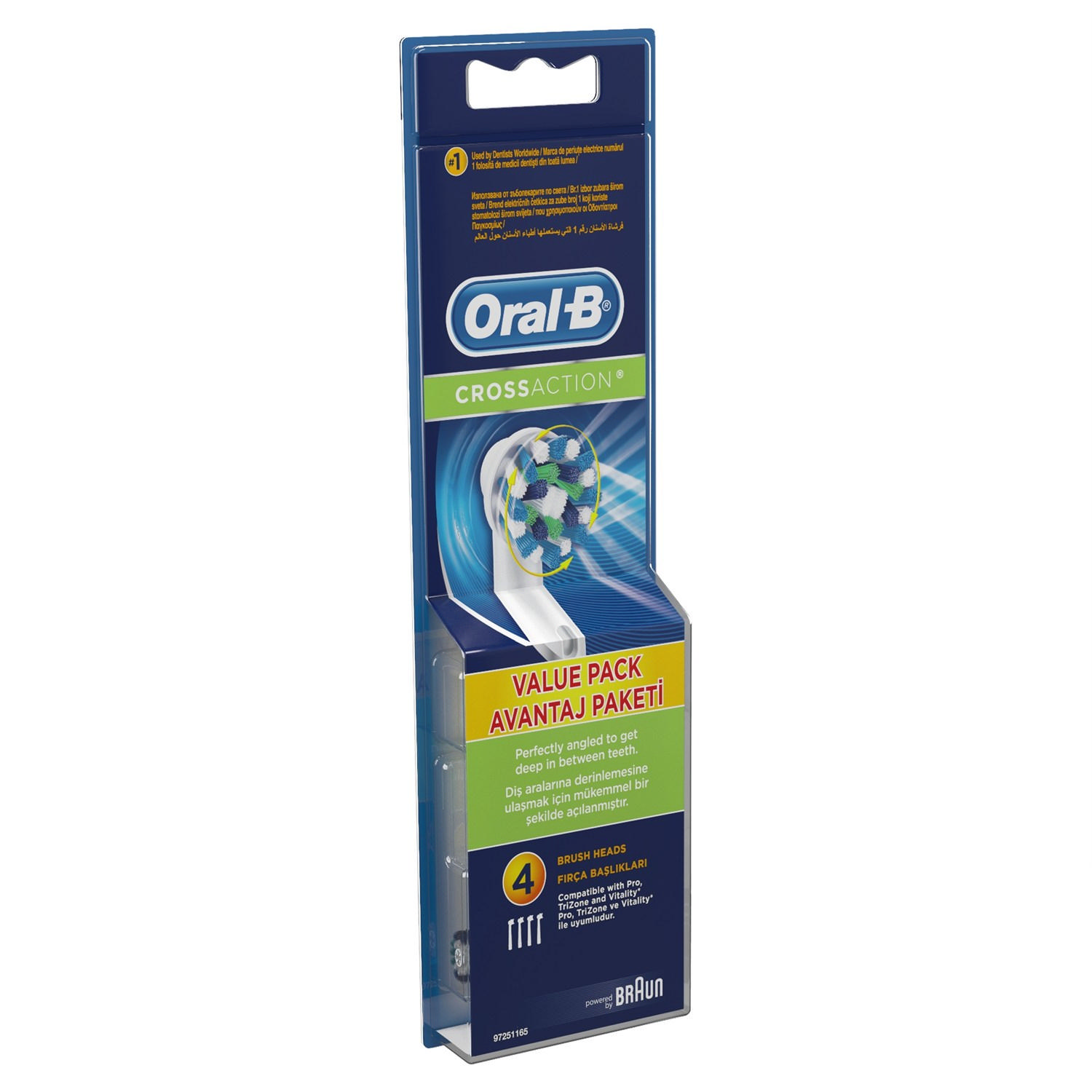 Oral-B CrossAction diş fırçası başlıkları paketi. 4 fırça başlığı ile mavi ve beyaz.