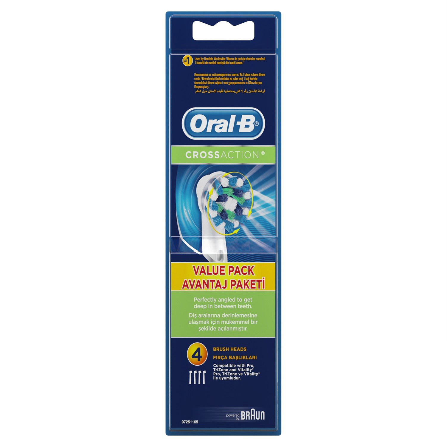 Oral-B CrossAction diş fırçası başlıkları avantaj paketinde. Dört fırça başlığı görünür, mavi ve beyaz renkler.