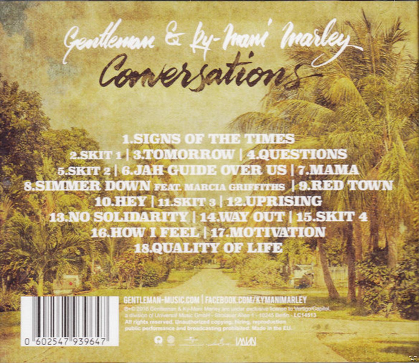 CD-Cover, braun mit Titelliste und Künstlername "Gentleman & Ky-Mani Marley". Hintergrund ist eine tropische Szene.