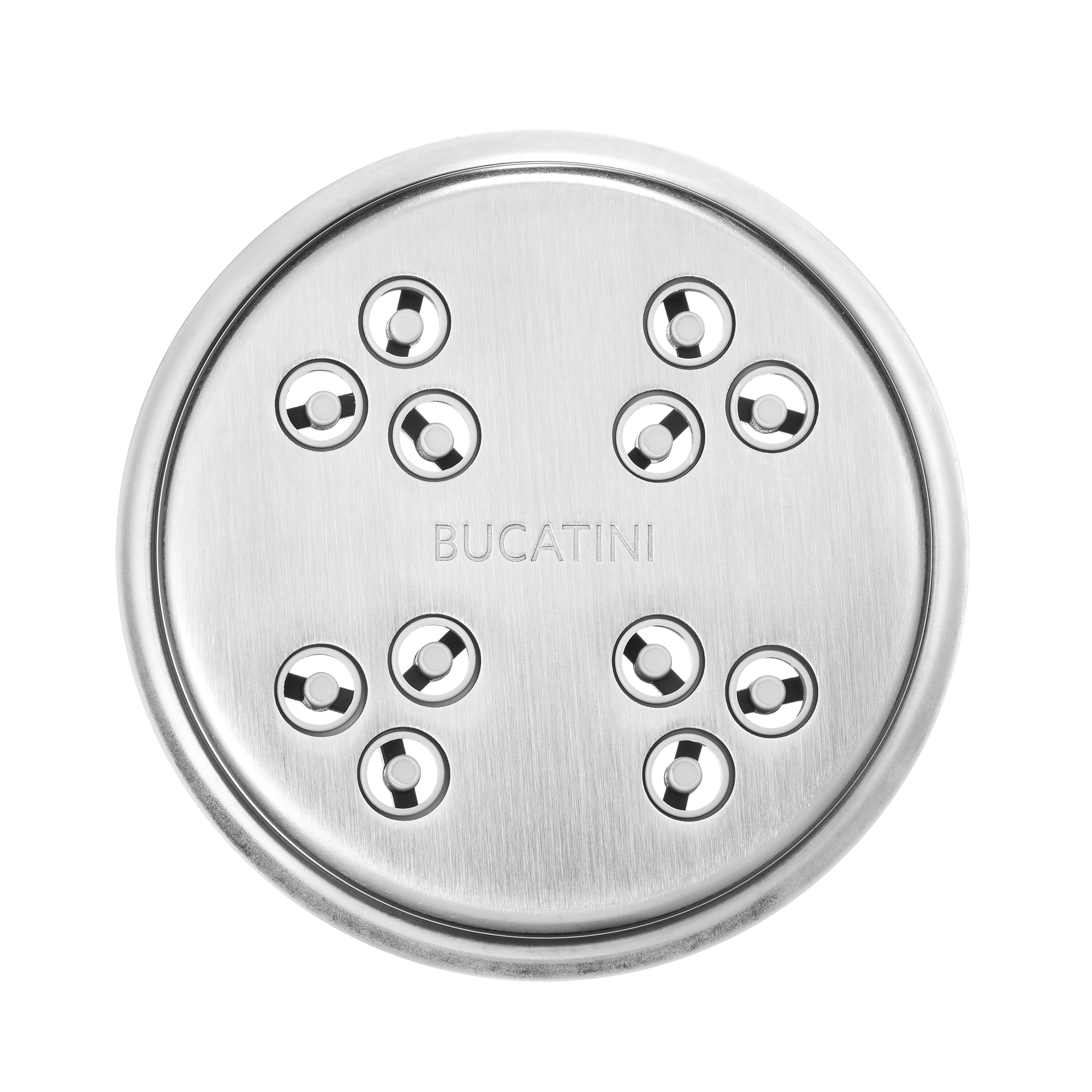 Metall-Nudelplatten mit Löchern, beschriftet mit 'BUCATINI'.