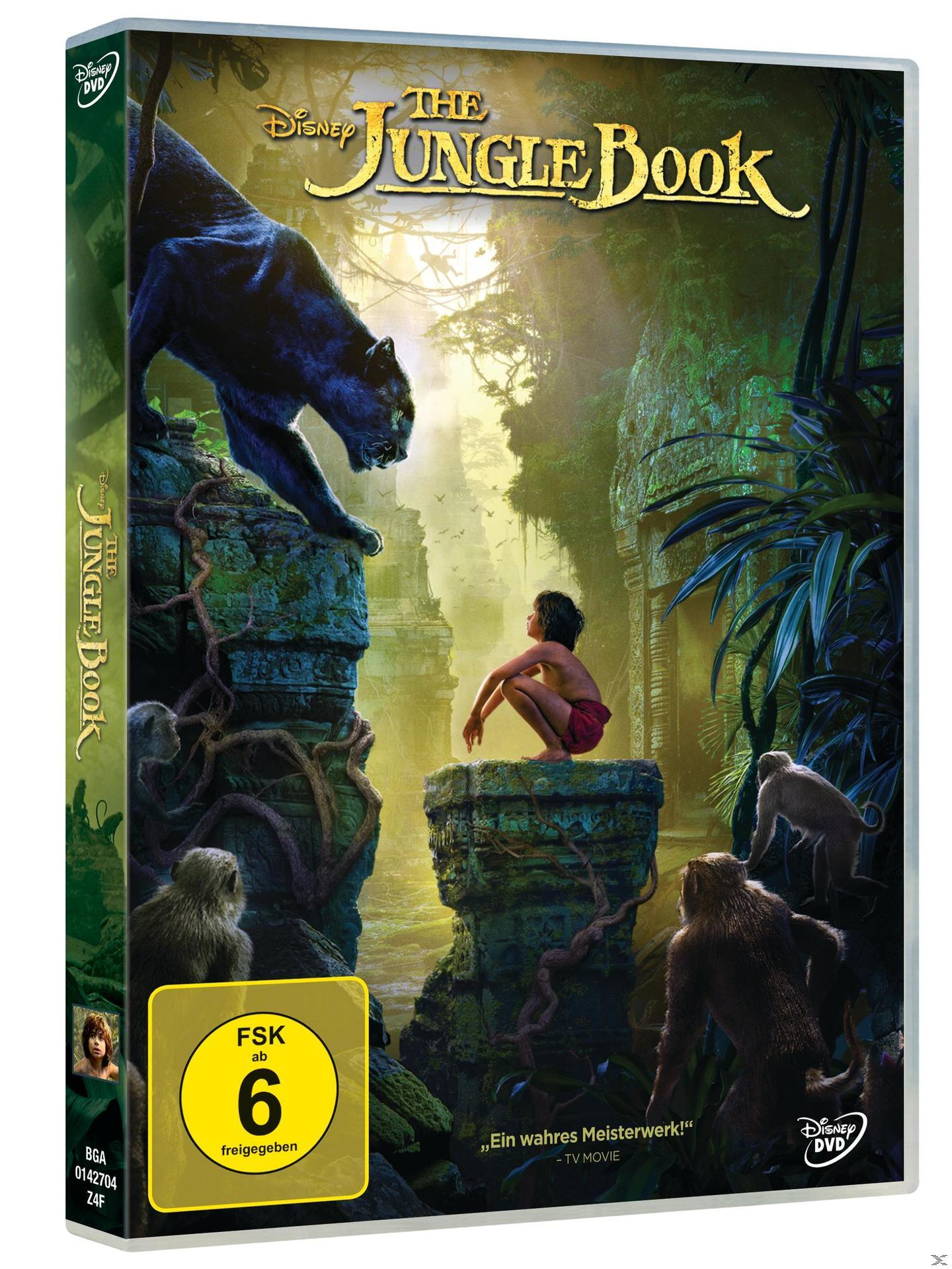 DVD-Cover für The Jungle Book. Zeigt einen Jungen auf einem Felsen mit einem Panther, Affen und Dschungel.