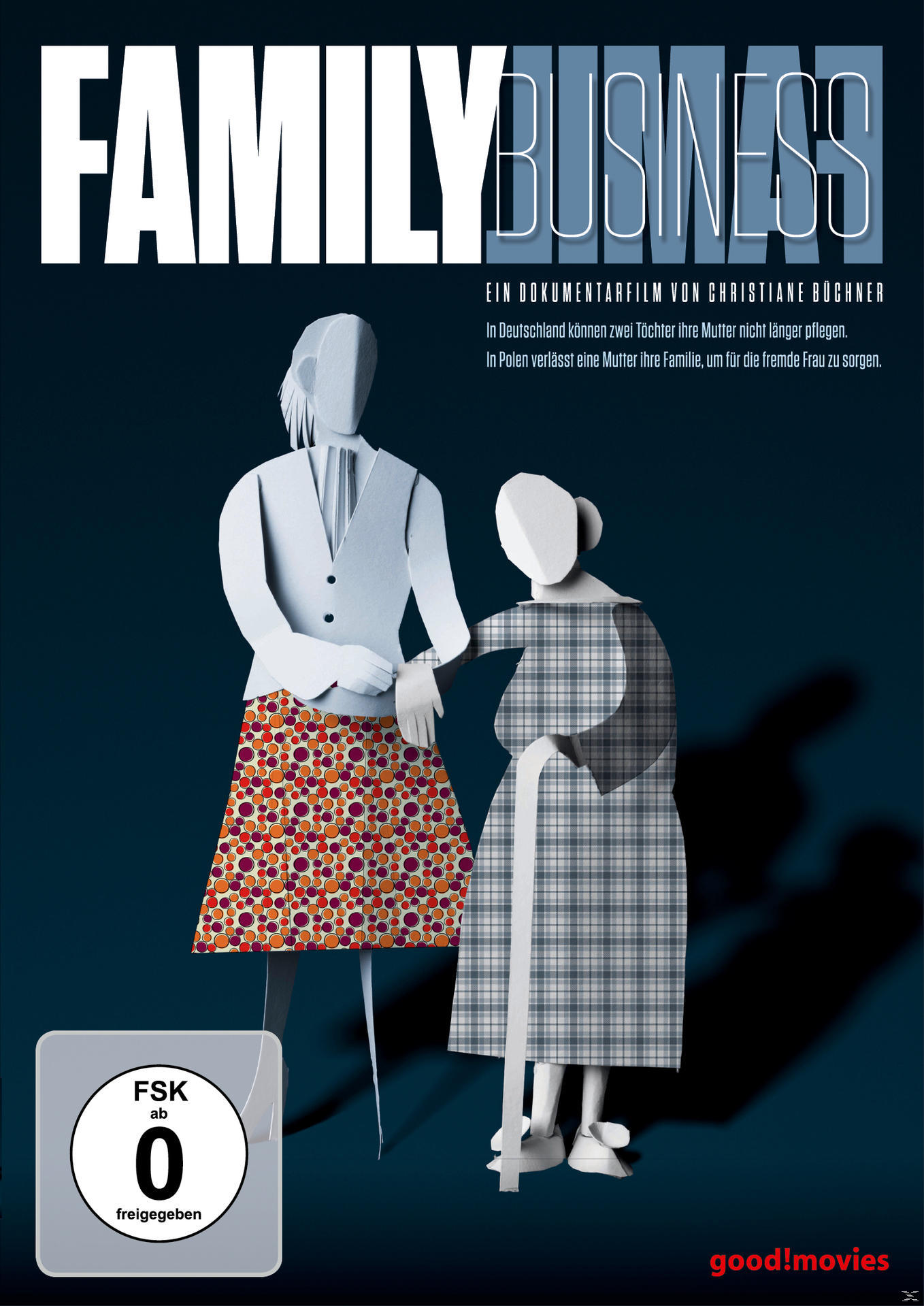 Zwei Papier-Ausschnitt-Figuren, eine Frau und eine ältere Frau mit Krückstock. Filmplakat.