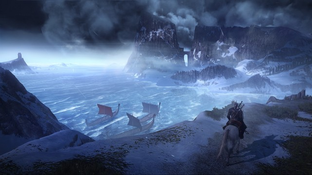 Un paysage enneigé avec des bateaux sur un lac. Une personne à cheval se dirige vers les montagnes.