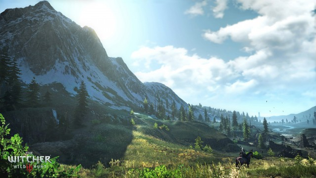 Paysage de montagne pittoresque avec des arbres, une rivière et une personne à cheval.