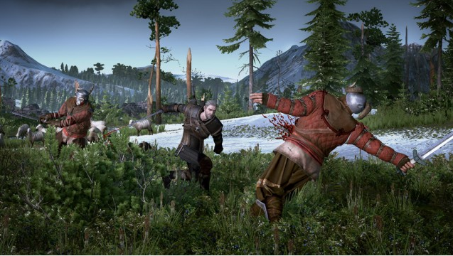 Scène d'un jeu vidéo : Un chevalier se bat contre deux autres dans une forêt avec un arrière-plan de montagne.