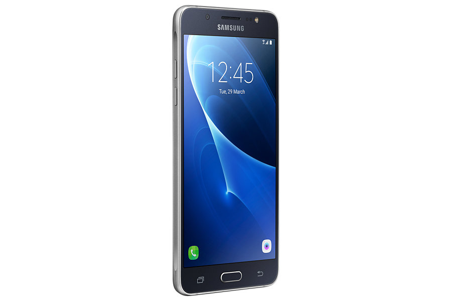 Samsung Smartphone mit schwarzem Rahmen und blauem Farbverlaufbildschirm, der 12:45 anzeigt.
