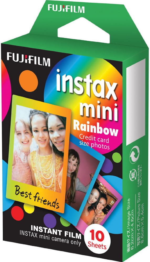 Box of Instax mini rainbow film with photos of people. The box is green with colorful circles and text.