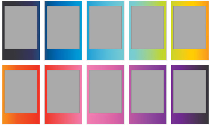 Ten polaroid-style photo frames in various gradient colors, with gray centers.