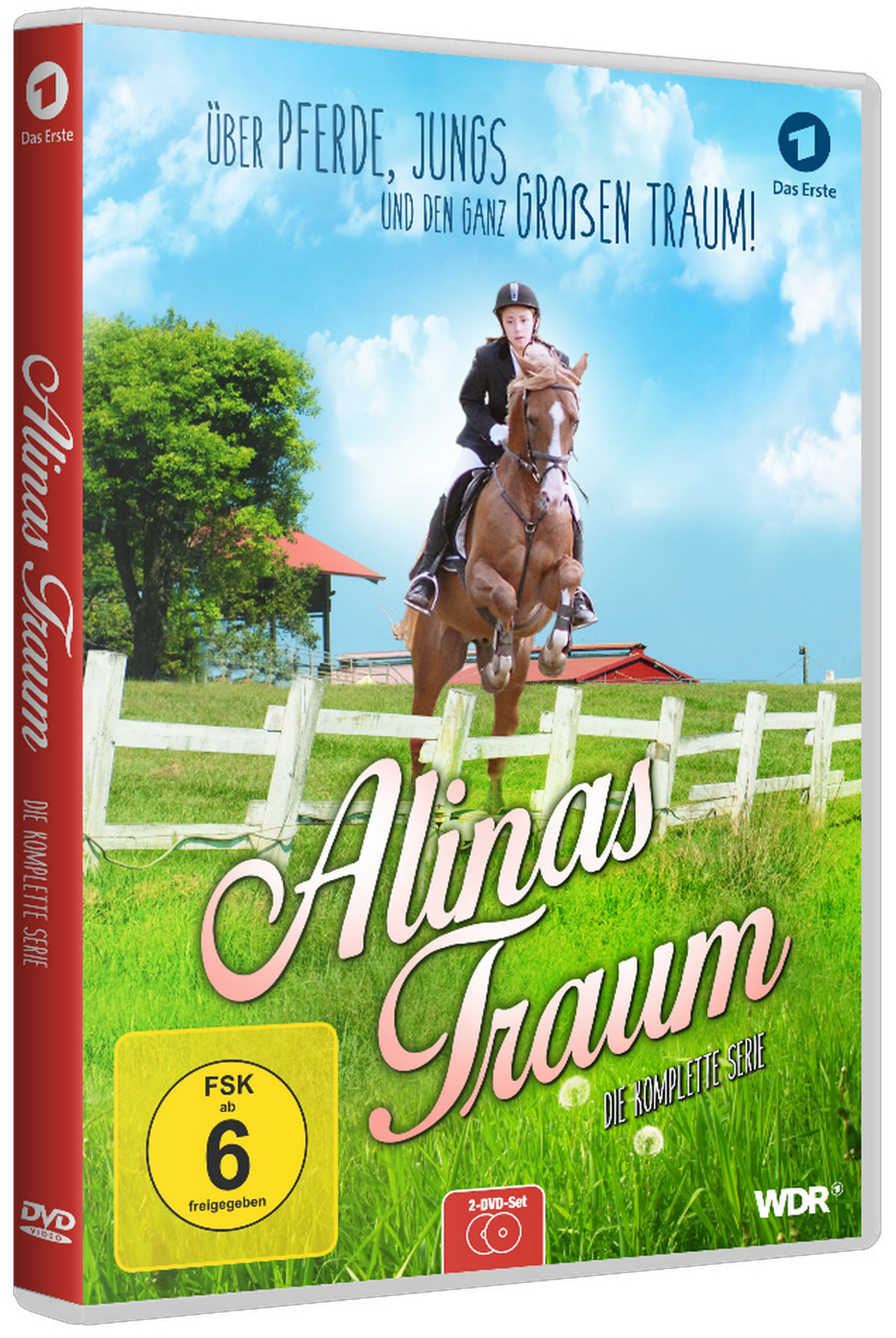 DVD-Cover von 'Alinas Traum'. Ein Mädchen auf einem Pferd, das über einen Zaun springt. Text auf Deutsch.
