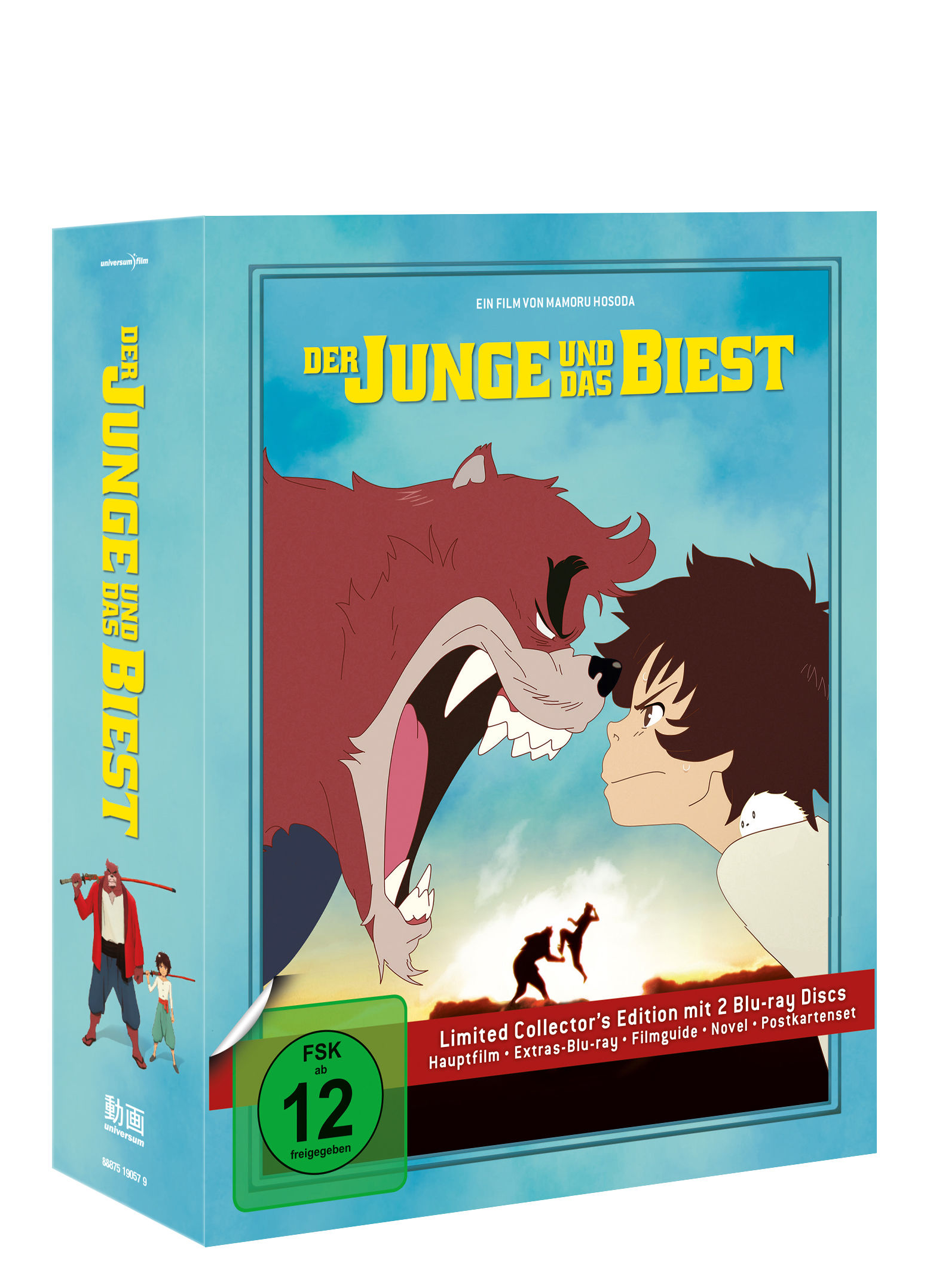Blu-ray-Box, Zeichentrickfilm. Ein Junge steht einem Biest gegenüber, Himmel im Hintergrund. FSK12-Label.