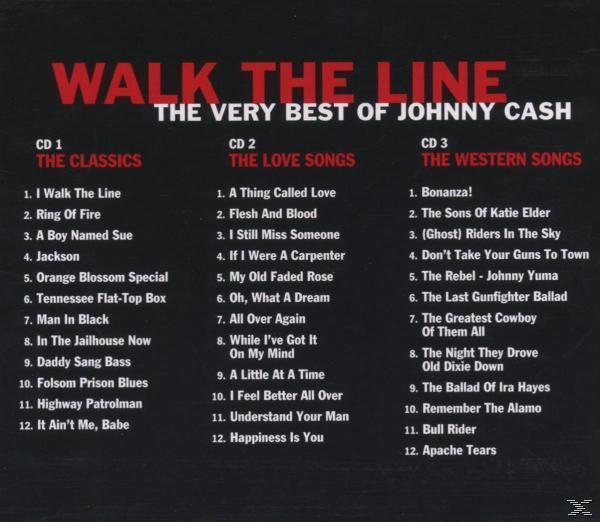 CD-Rückseite für 'Walk the Line: The Very Best of Johnny Cash', mit Titellisten.