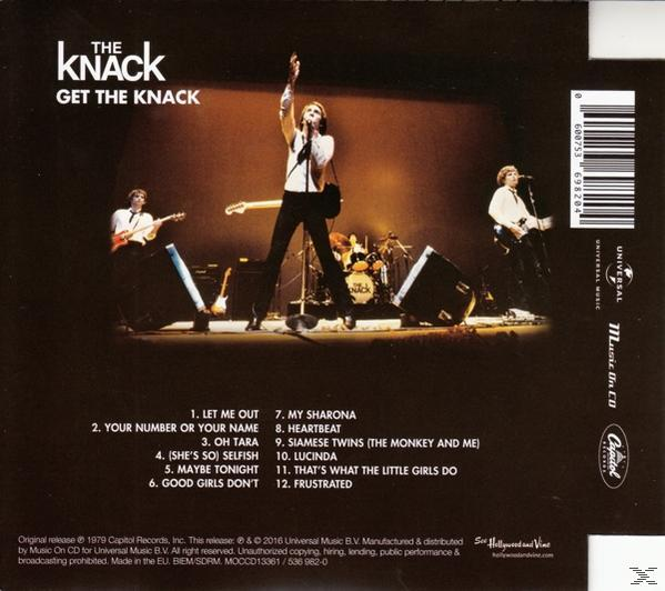 Albumcover: Band auf der Bühne, Text 'THE KNACK GET THE KNACK', Titelliste und ein Capitol Records Logo.