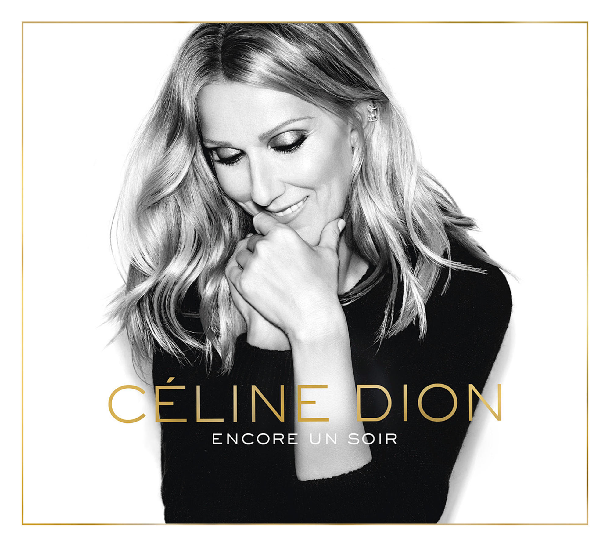 Celine Dion album borító, fekete-fehér fotó. Celine mosolyog, kezét az állán. Szöveg: Celine Dion, Encore un Soir.