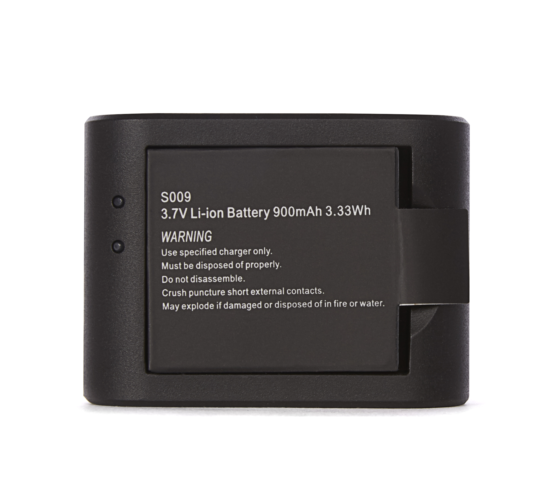 A black Li-ion battery with warning text. The battery is rectangular and has a label with safety instructions.