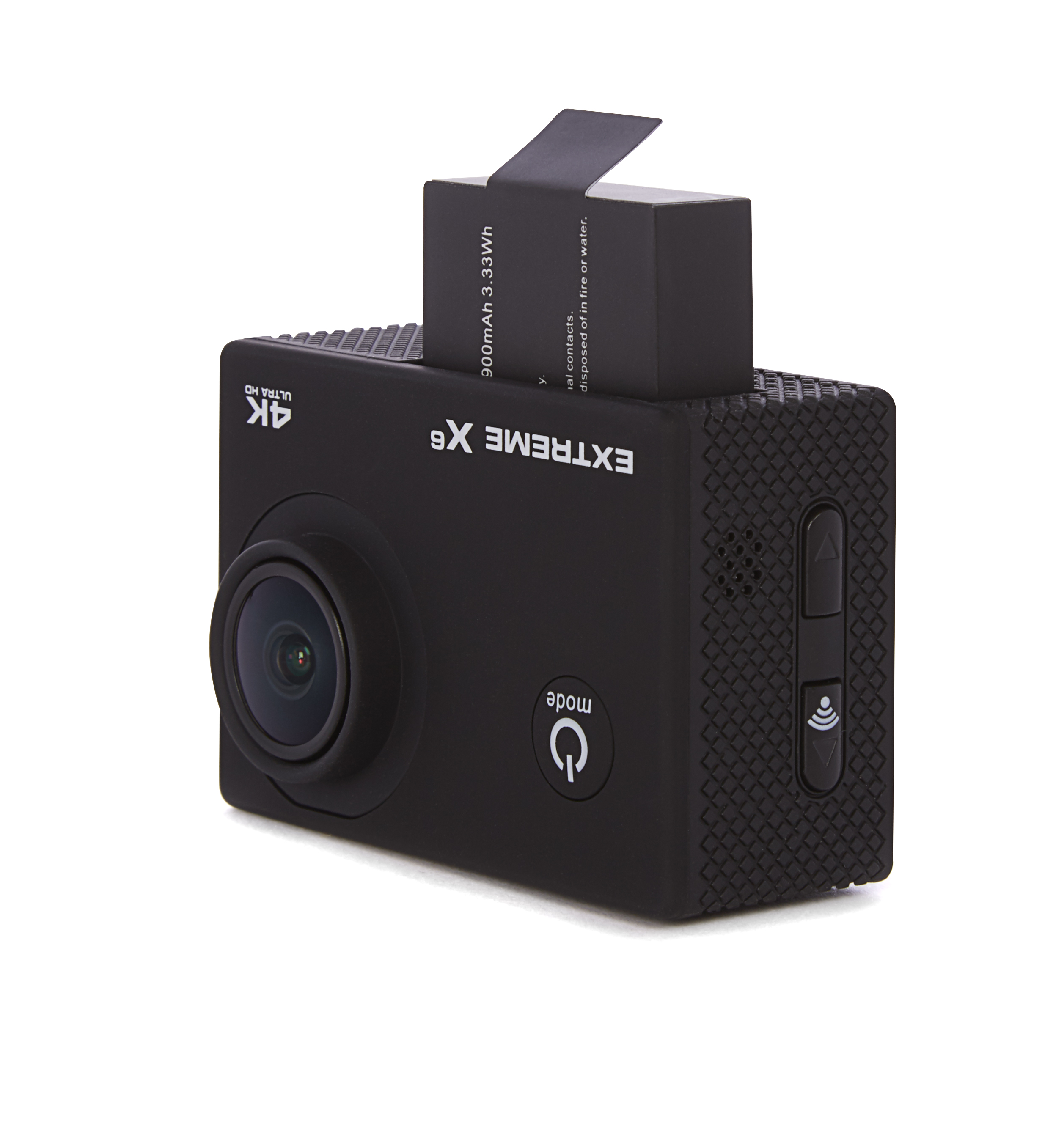 Black action camera with a battery on top. It has a lens, mode button, and a screen.