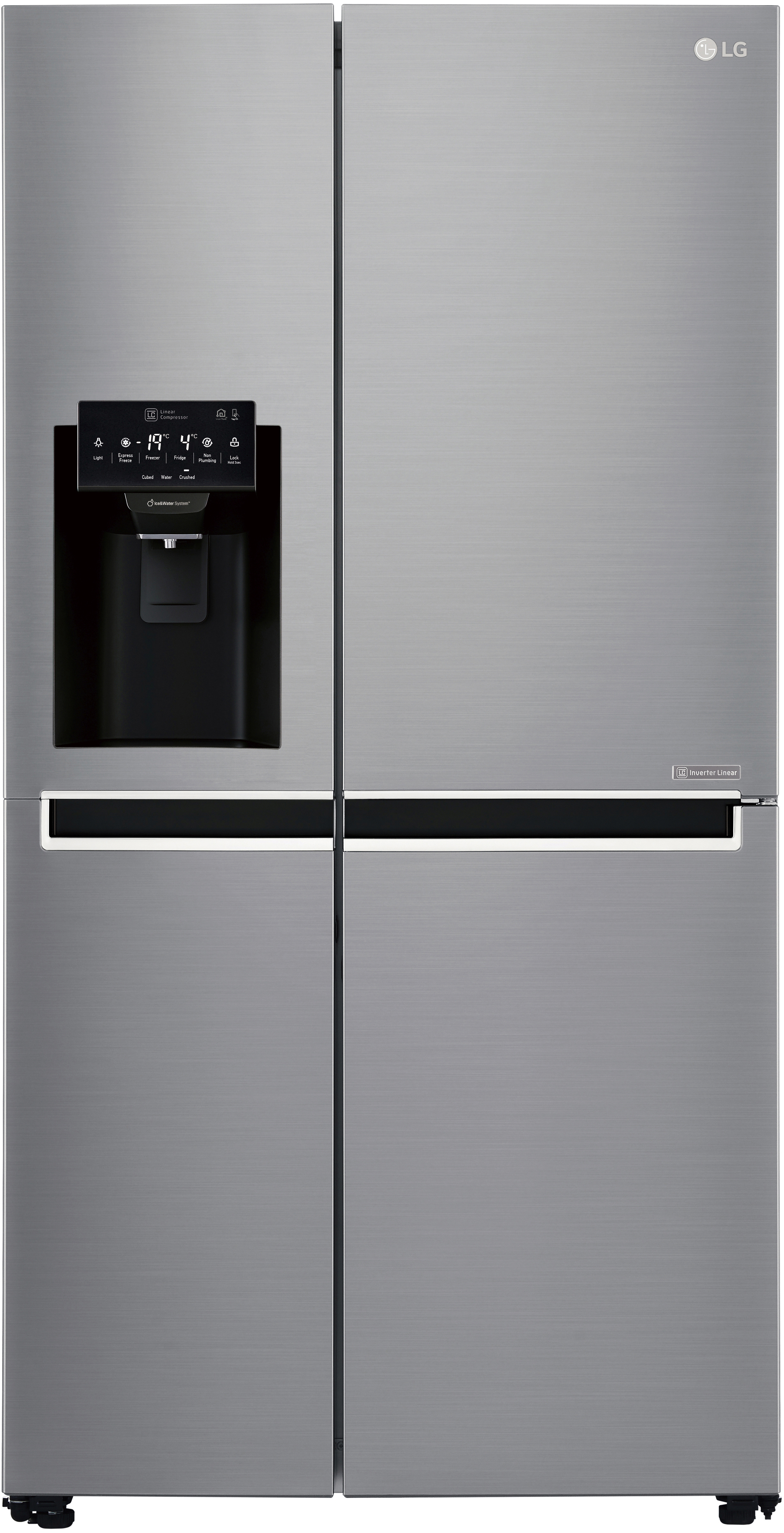 LG Kühlschrank aus Edelstahl. Side-by-Side-Design mit Wasserspender und Bedienfeld.