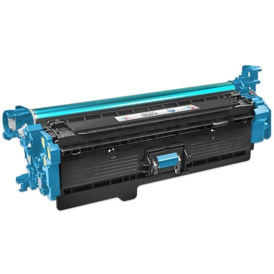 Une cartouche de toner d'imprimante turquoise et noire sur fond blanc, avec un rouleau turquoise.