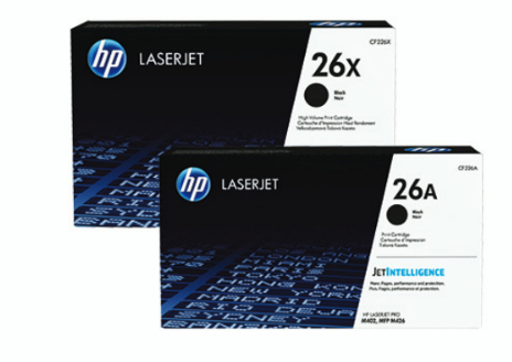 HP LaserJet 26X und 26A schwarze Tonerkartuschenboxen. Schwarz-blaues Farbschema.